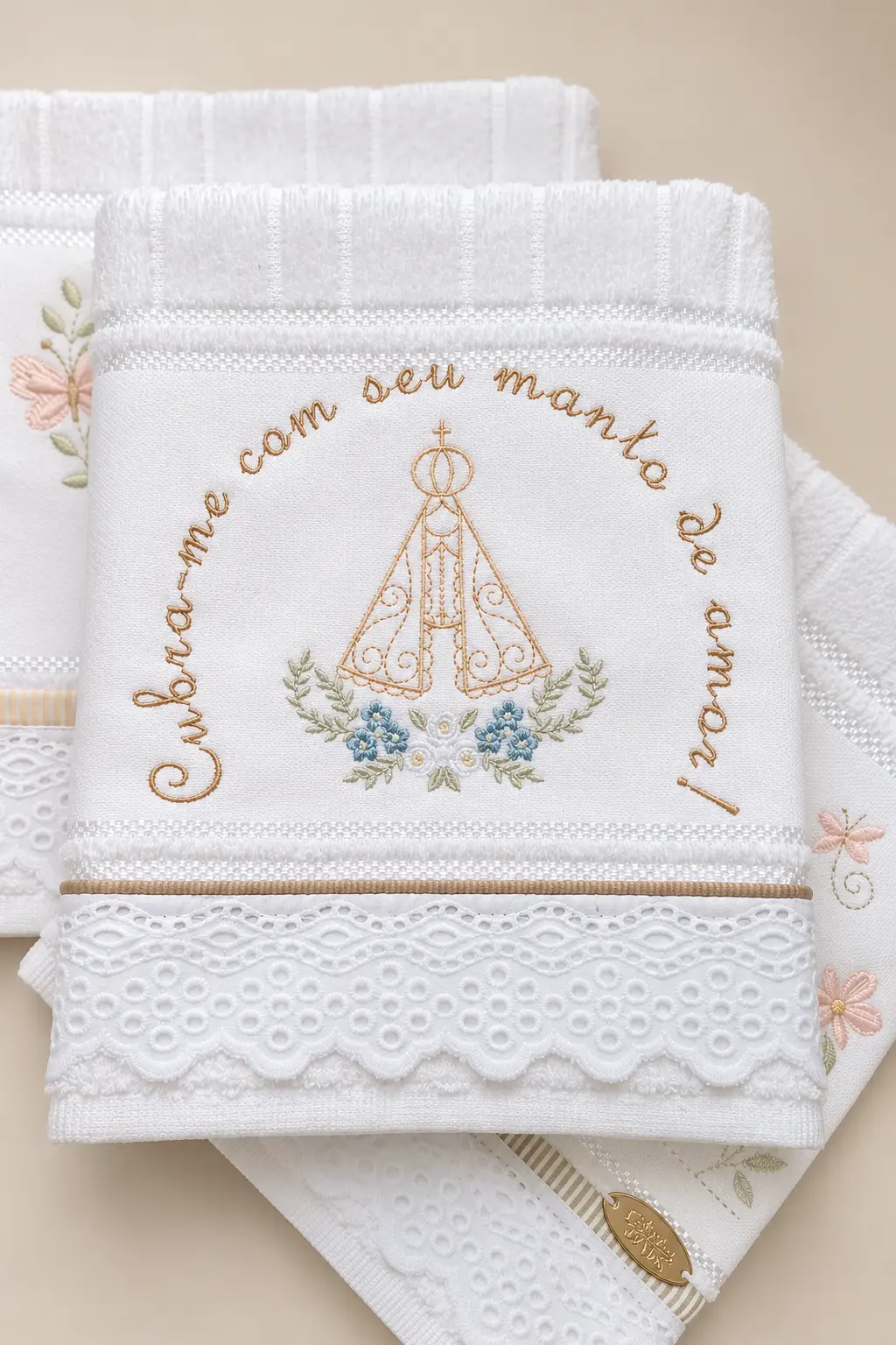 Toalha branca bordada com Nossa Senhora Aparecida e a frase Cubra-me com seu manto de amor